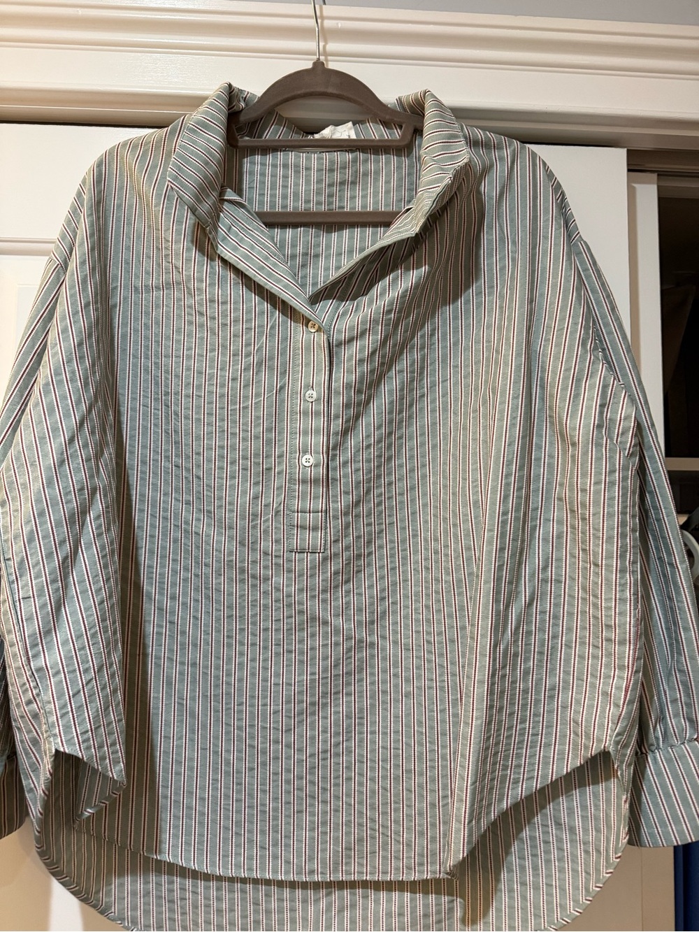 Pomander Place Women's Green and White Striped Button-Down Shirt